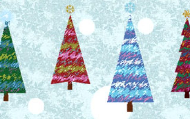 4 coloured Christmas trees, blue and white background